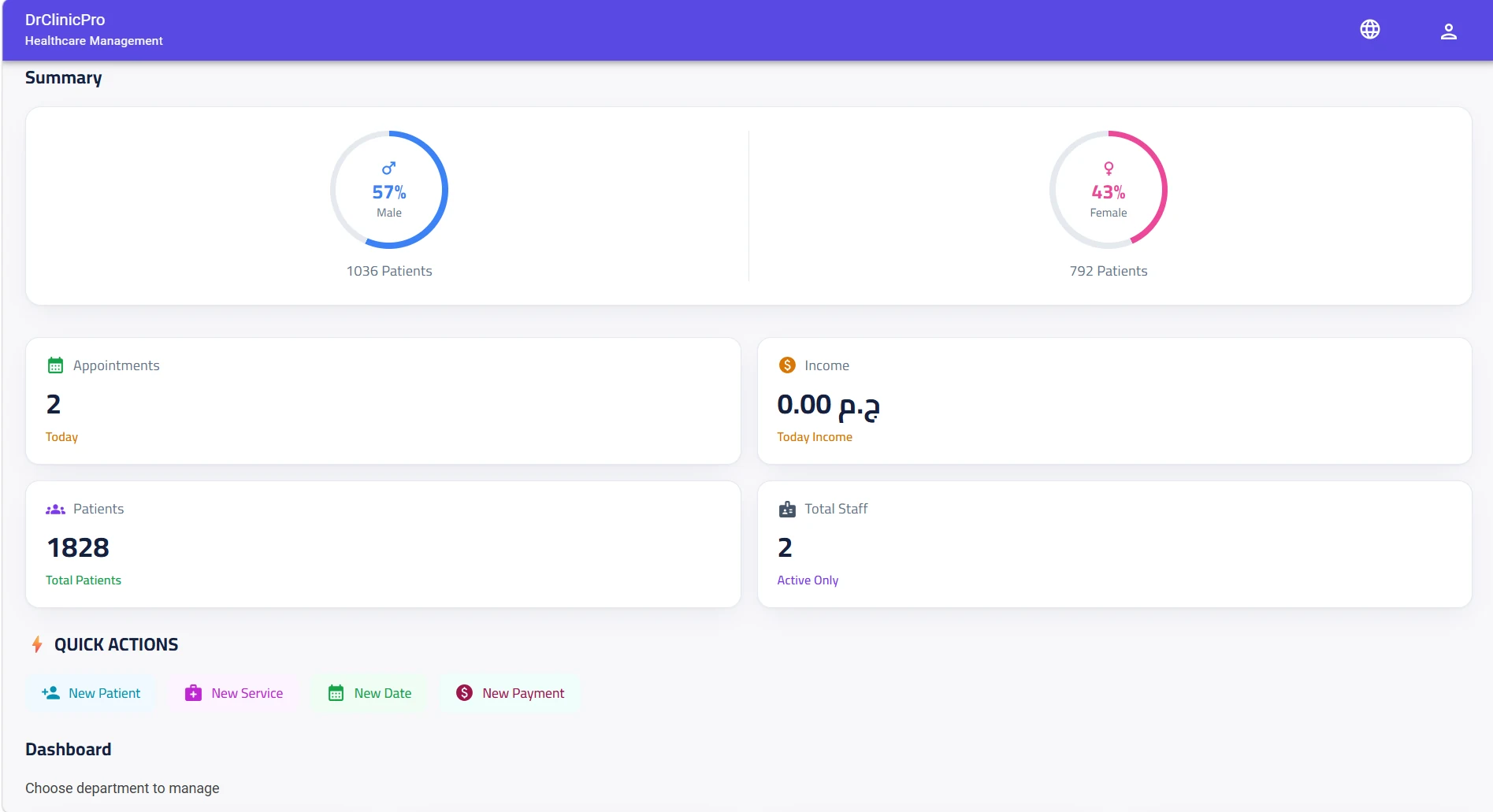 Real screenshot of the DrClinicPro dashboard showing patient statistics, appointments and quick actions